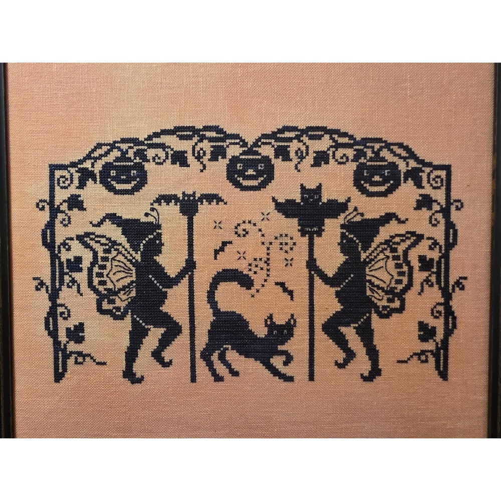 Vintage Halloween Cross Stitch Fairies Pumpkins Black Cat 14.5 x 13 Whimsygoth